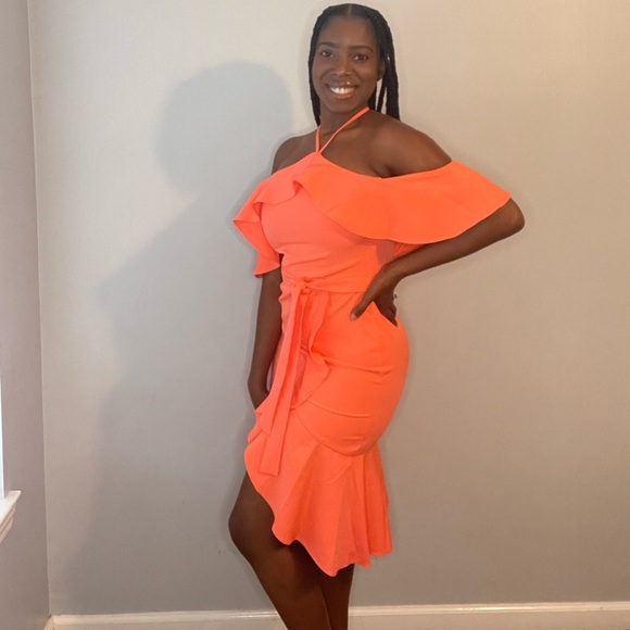 NWT Neon Orange Lavish Alice Halter Dress - Picture 7 of 8